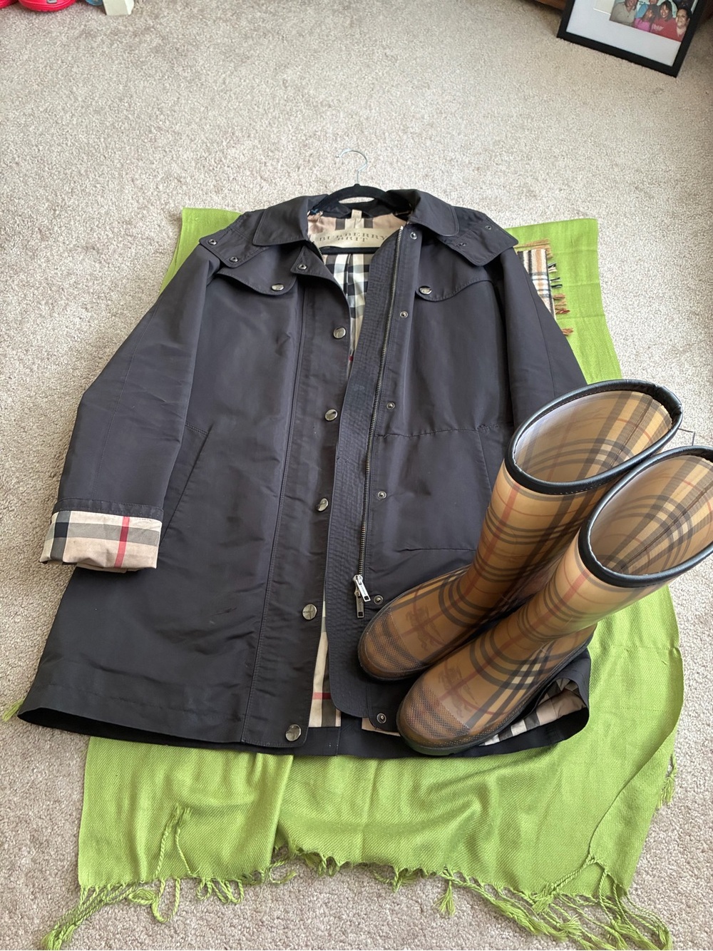Burberry Black Women Raincoat with Signature Check Trim and Burberry rain boots